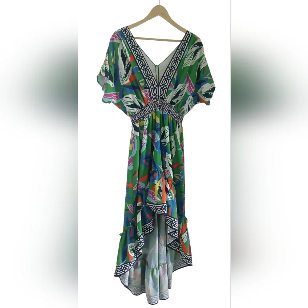 Flying Tomato Dress V-Neck Hi-Lo Floral Elasticized Waist Flowy Tropical Print - Picture 8 of 13